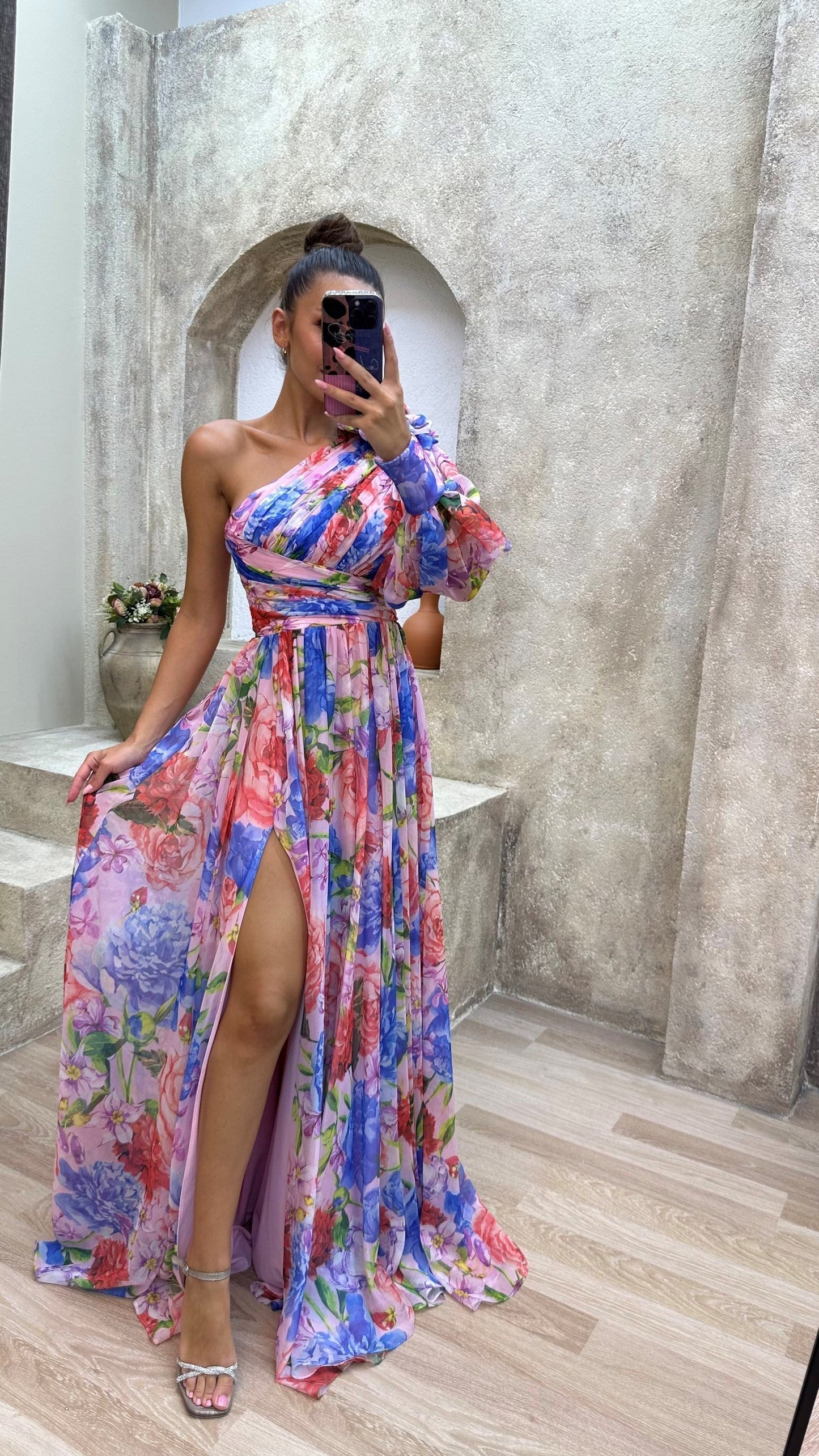 Abito maxi da donna monospalla a fantasia floreale