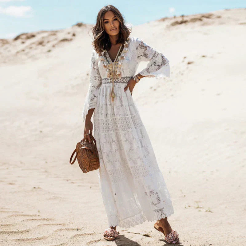 Abito maxi da donna morbido a maniche lunghe in stile boho