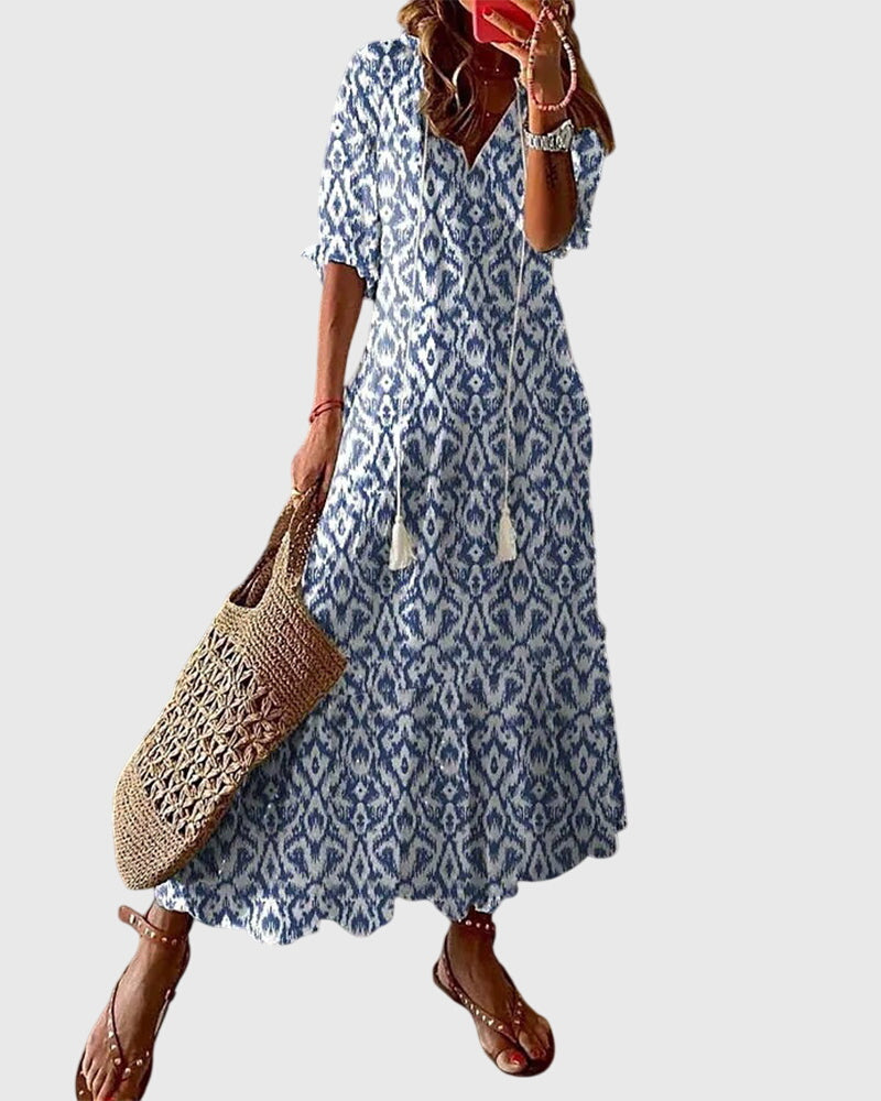 Abito maxi da donna stampato con scollo a V