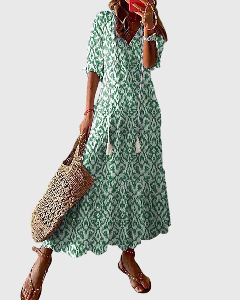Abito maxi da donna stampato con scollo a V