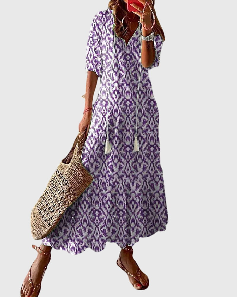 Abito maxi da donna stampato con scollo a V