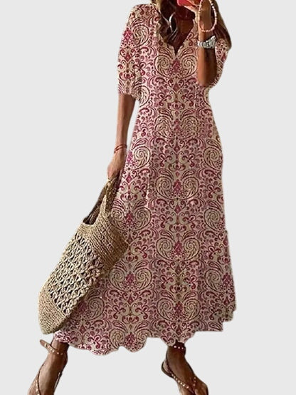 Abito maxi da donna stampato con scollo a V