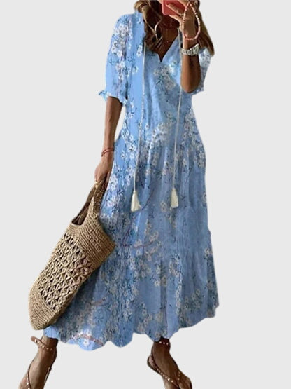 Abito maxi da donna stampato con scollo a V