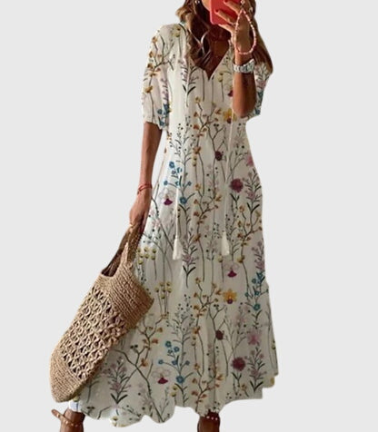 Abito maxi da donna stampato con scollo a V