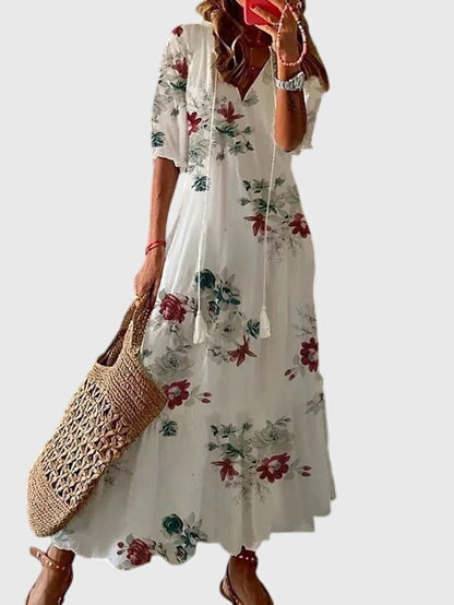 Abito maxi da donna stampato con scollo a V
