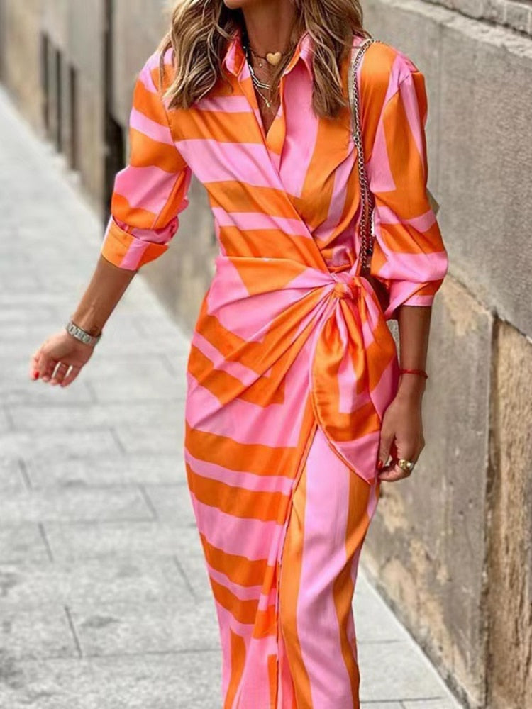 Abito midi a portafoglio a righe da donna