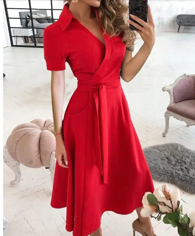 Abito midi da donna a linea ad A con cintura da annodare
