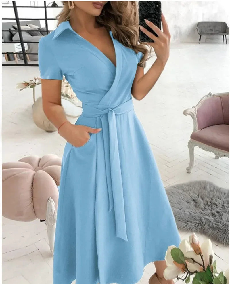 Abito midi da donna a linea ad A con cintura da annodare