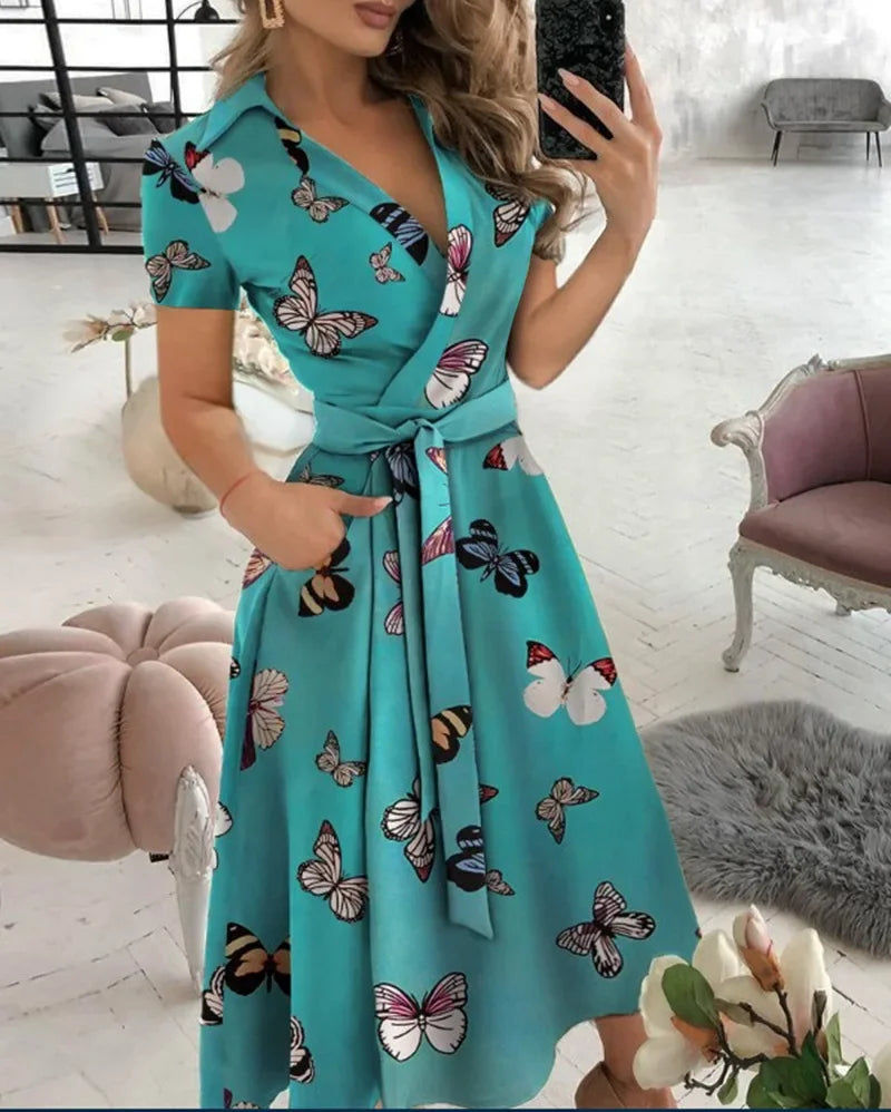 Abito midi da donna a linea ad A con cintura da annodare