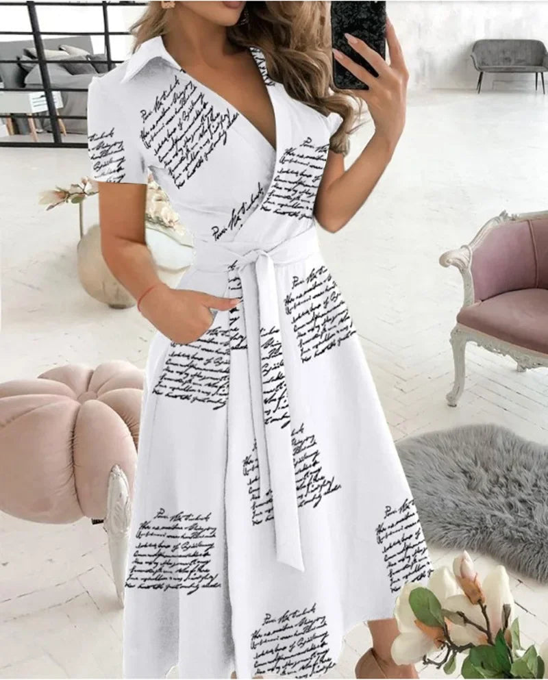 Abito midi da donna a linea ad A con cintura da annodare