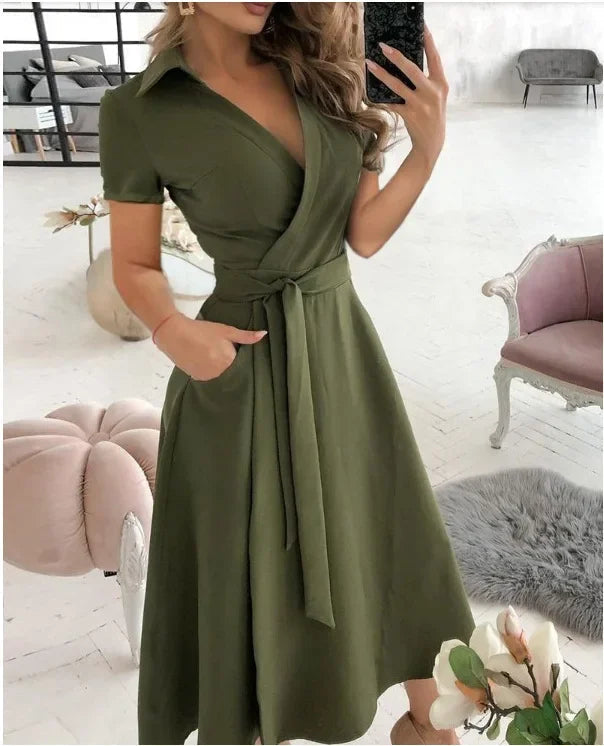 Abito midi da donna a linea ad A con cintura da annodare