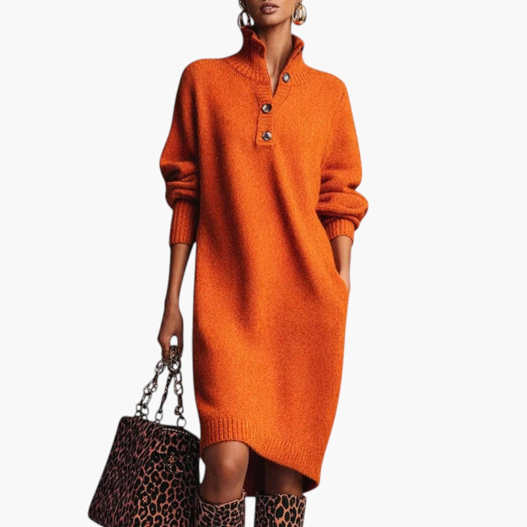 Abito Midi da Donna con Collo Alto e Maniche Lunghe