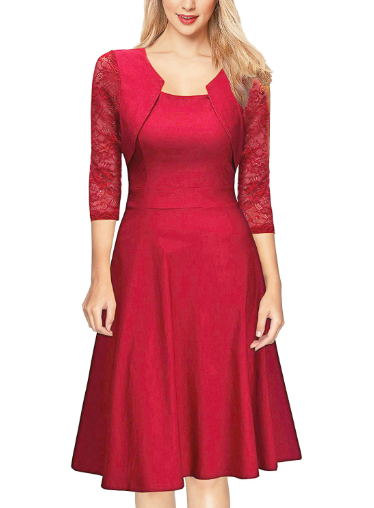 Abito Midi da Donna Linea ad A con Pizzo e Maniche a 3/4