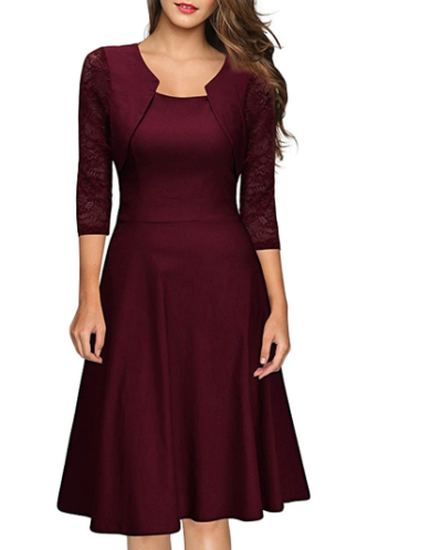 Abito Midi da Donna Linea ad A con Pizzo e Maniche a 3/4