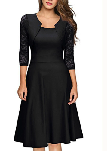 Abito Midi da Donna Linea ad A con Pizzo e Maniche a 3/4