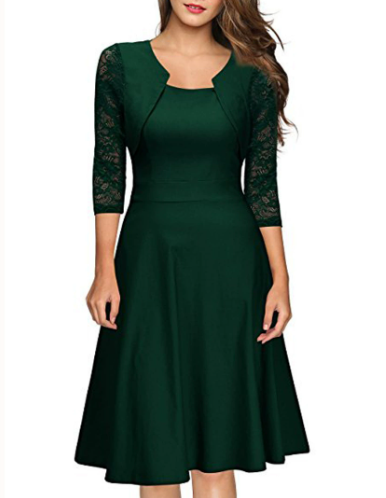 Abito Midi da Donna Linea ad A con Pizzo e Maniche a 3/4