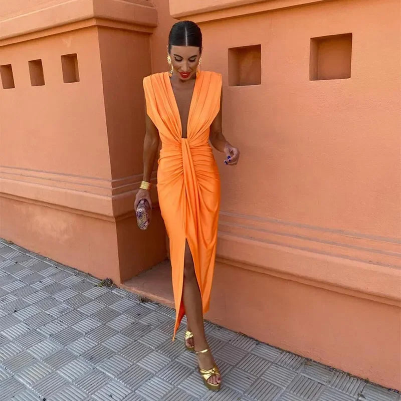 Abito Midi da Donna Senza Maniche con Scollo a V