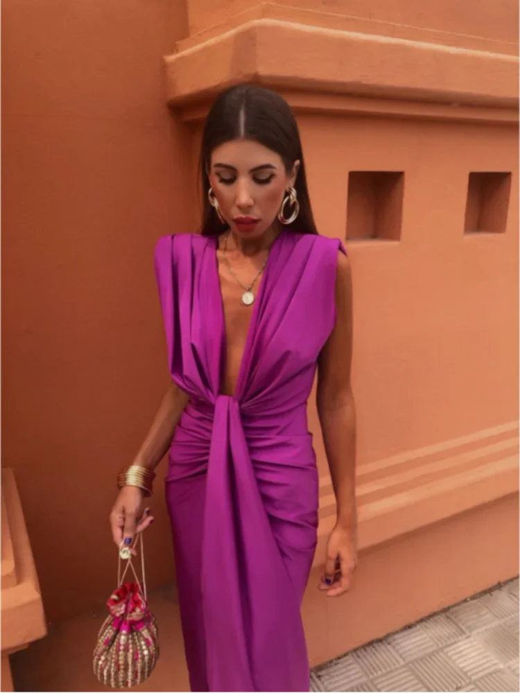 Abito Midi da Donna Senza Maniche con Scollo a V