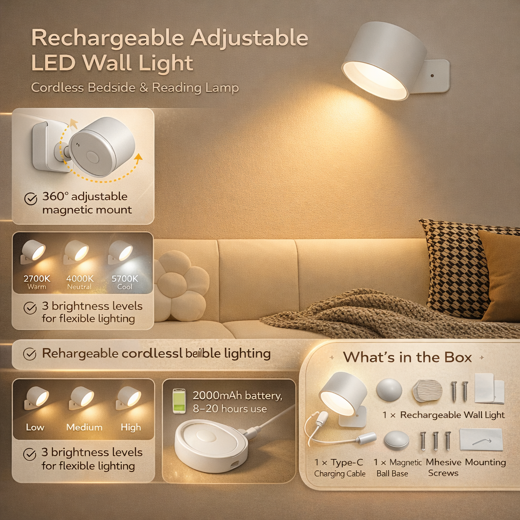 Applique da Parete a LED Ricaricabile, Magnetica e Regolabile