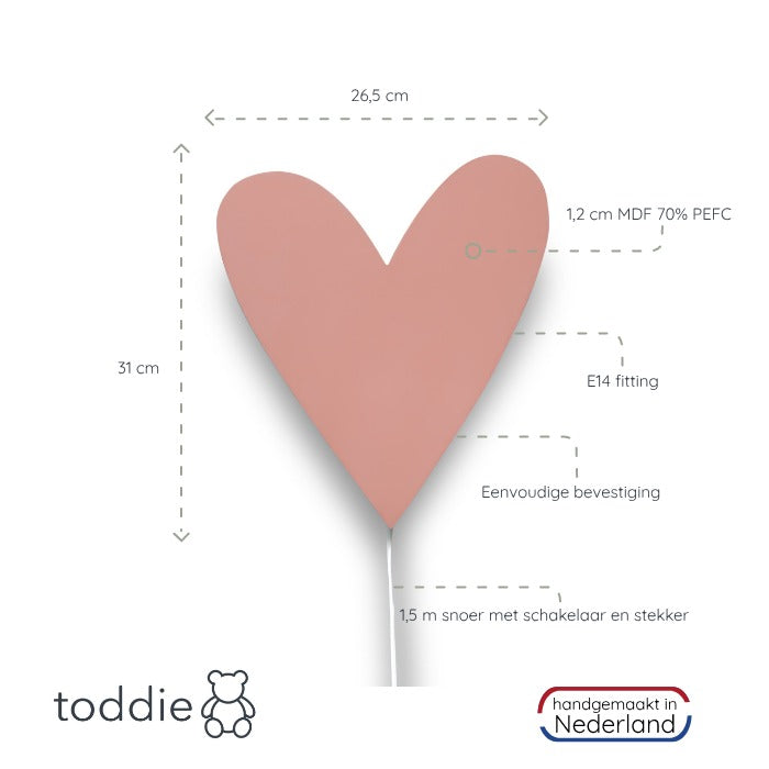 Applique da Parete in Legno per Cameretta Bambini | A Forma di Cuore - Rosa Terracotta