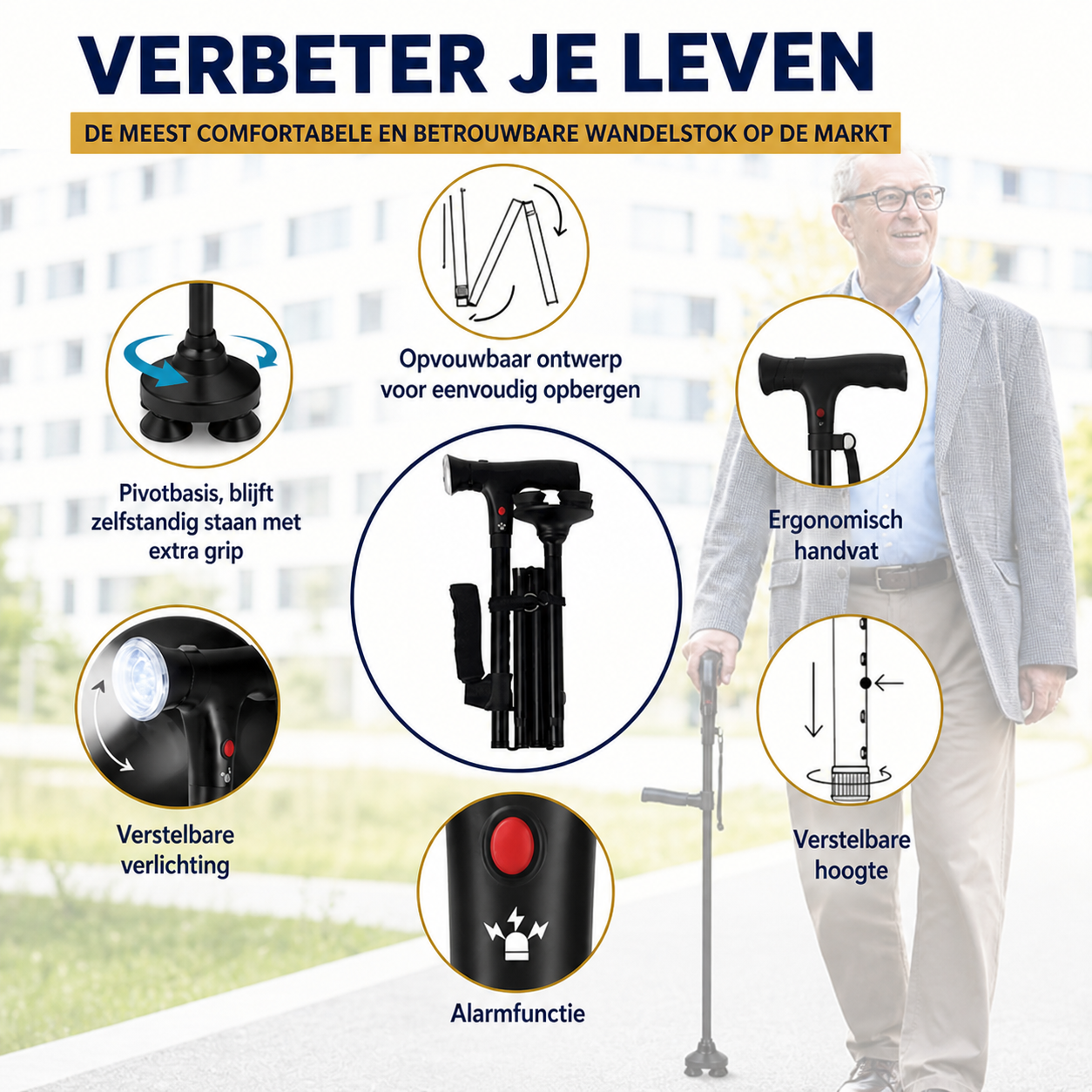 Bastone da Passeggio Smart per Anziani con Allarme di Emergenza e Luce LED