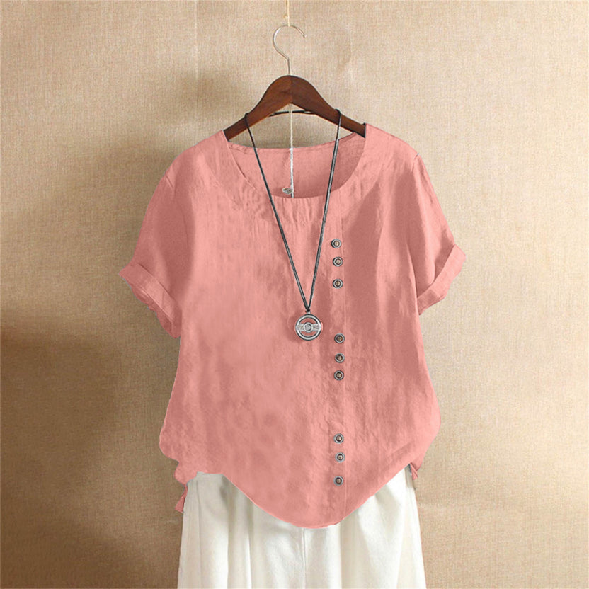 Blusa a tinta unita a maniche corte con scollo rotondo
