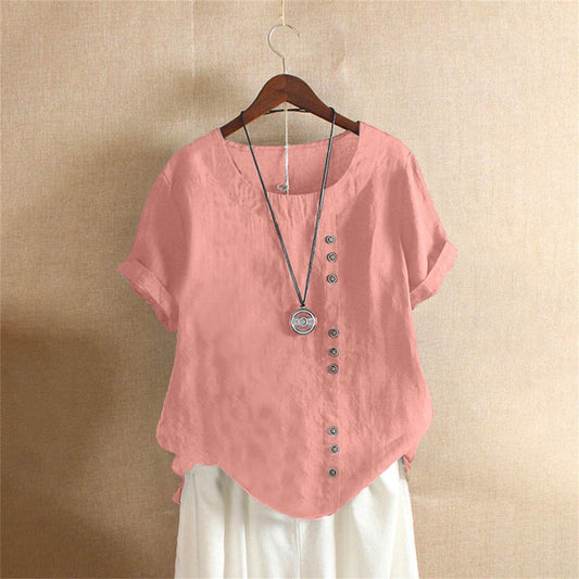 Blusa a tinta unita a maniche corte con scollo rotondo