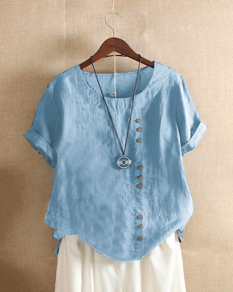 Blusa a tinta unita a maniche corte con scollo rotondo