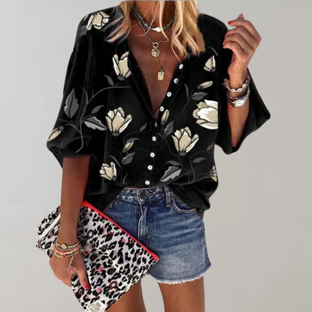 Blusa da donna a fiori con maniche lunghe e chiusura a bottoni