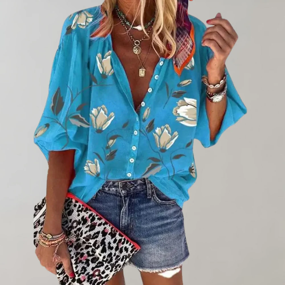 Blusa da donna a fiori con maniche lunghe e chiusura a bottoni