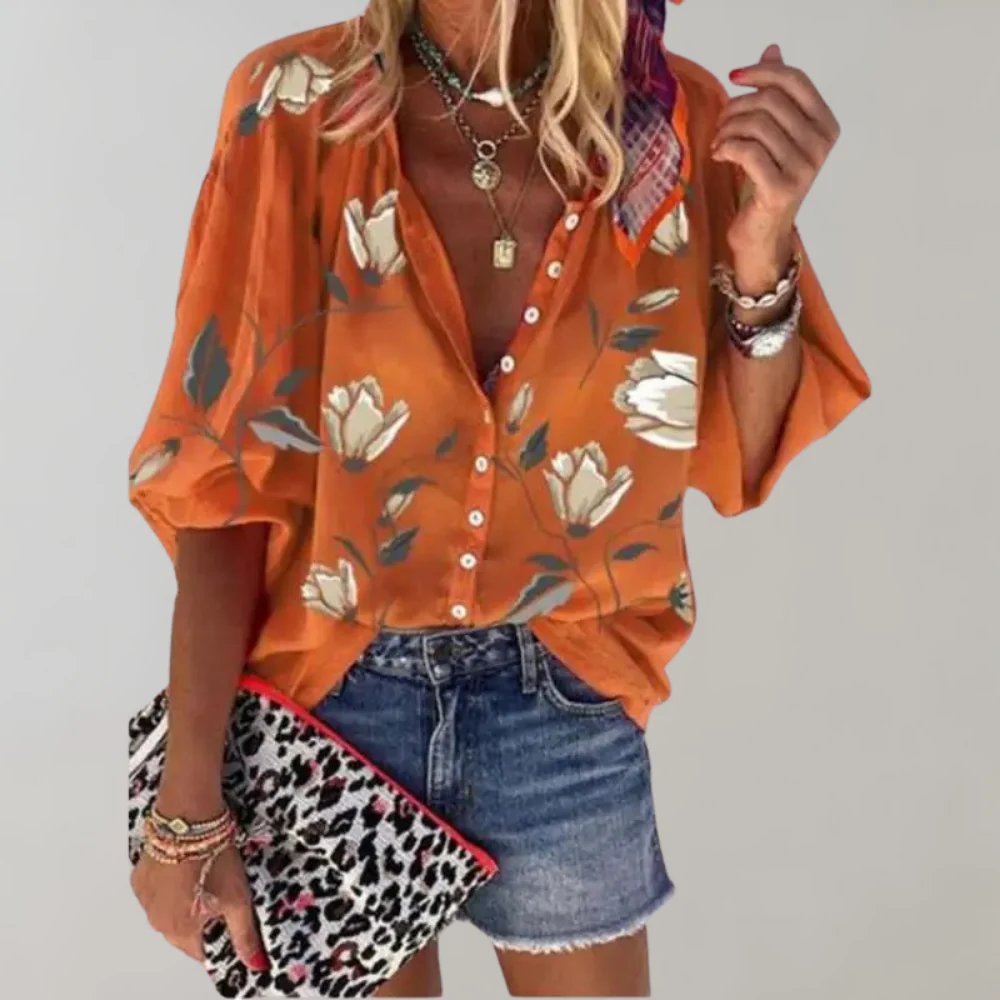 Blusa da donna a fiori con maniche lunghe e chiusura a bottoni