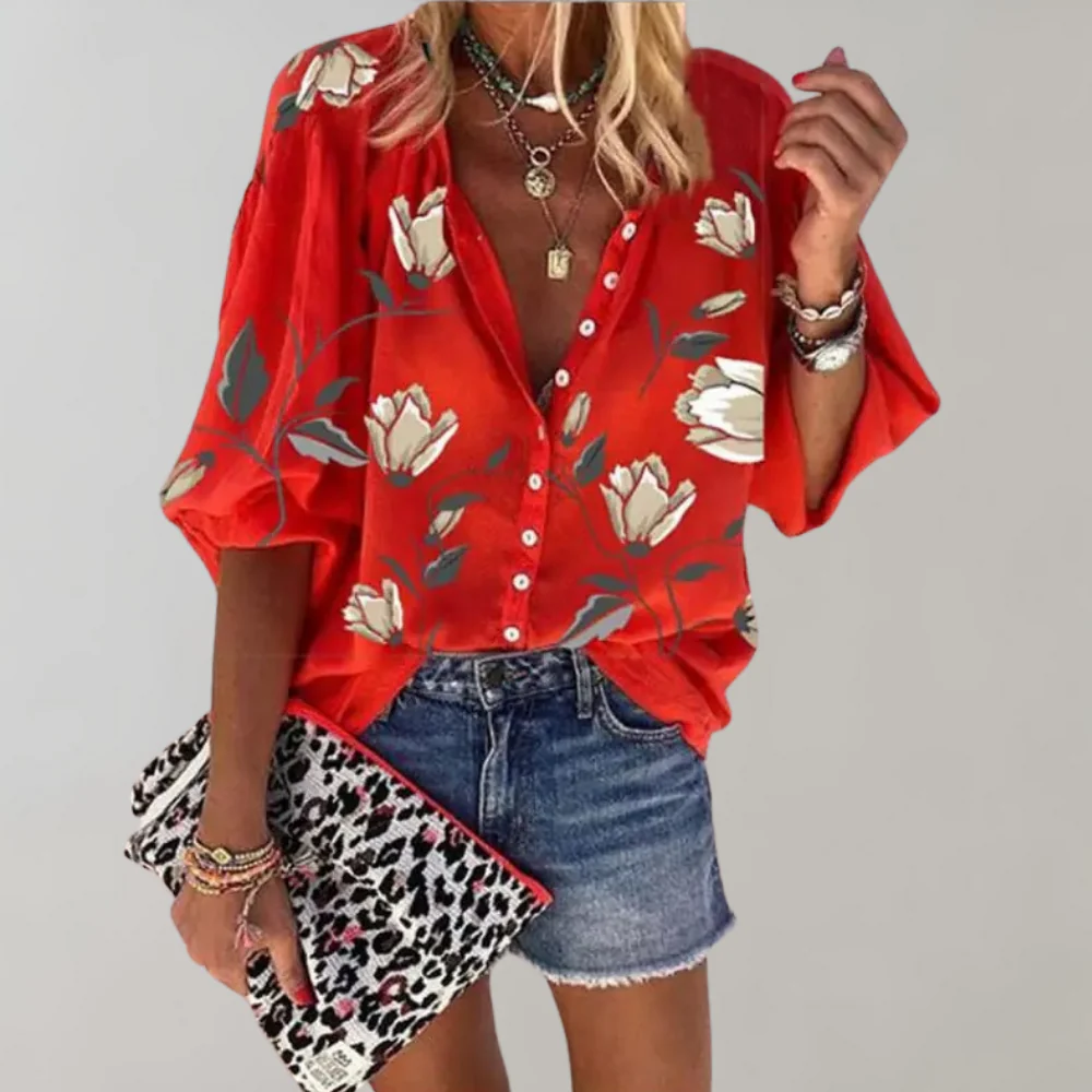 Blusa da donna a fiori con maniche lunghe e chiusura a bottoni