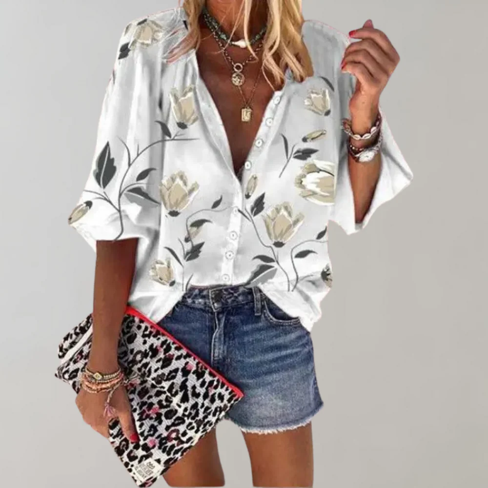 Blusa da donna a fiori con maniche lunghe e chiusura a bottoni