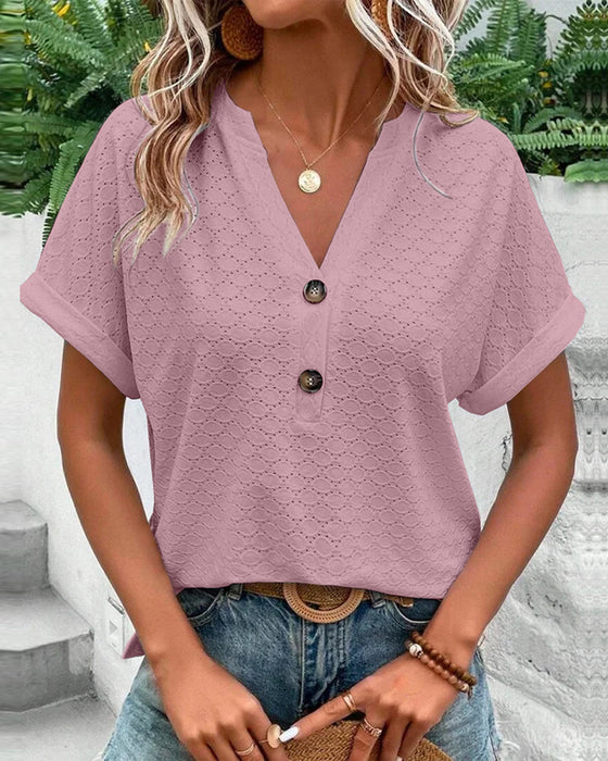 Blusa da Donna a Maniche Corte con Scollo a V, Bottoni e Lavorazione in Rilievo
