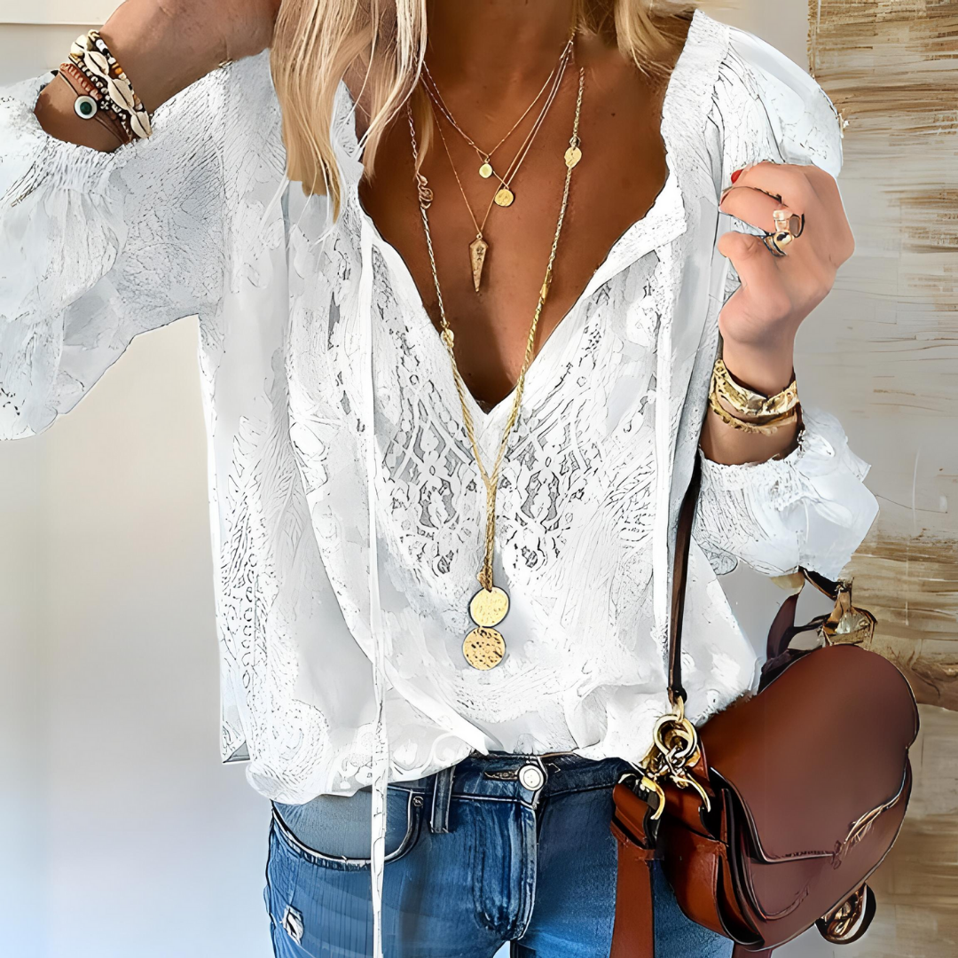 Blusa da donna boho all'uncinetto con lavorazione traforata