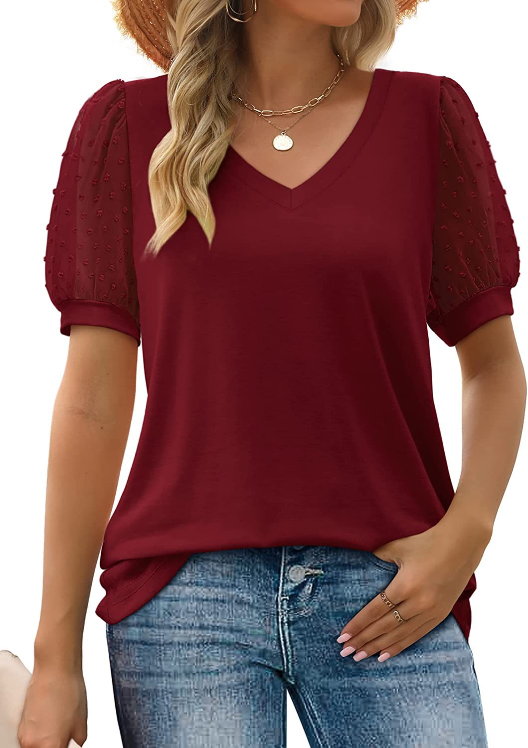 Blusa da Donna con Scollo a V e Maniche a Sbuffo