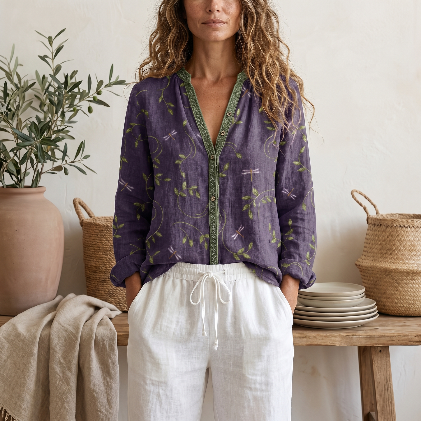 Blusa estiva da donna a maniche lunghe con stampa botanica e vestibilità morbida