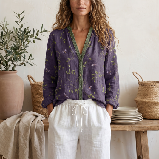 Blusa estiva da donna a maniche lunghe con stampa botanica e vestibilità morbida