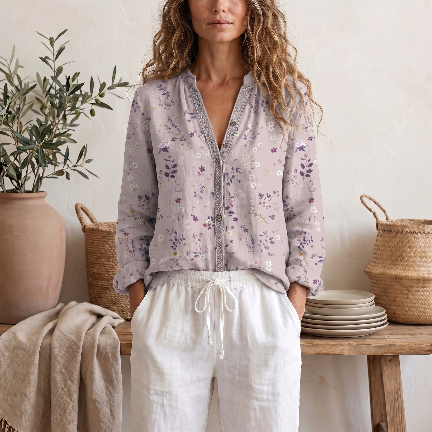 Blusa estiva da donna a maniche lunghe con stampa botanica e vestibilità morbida