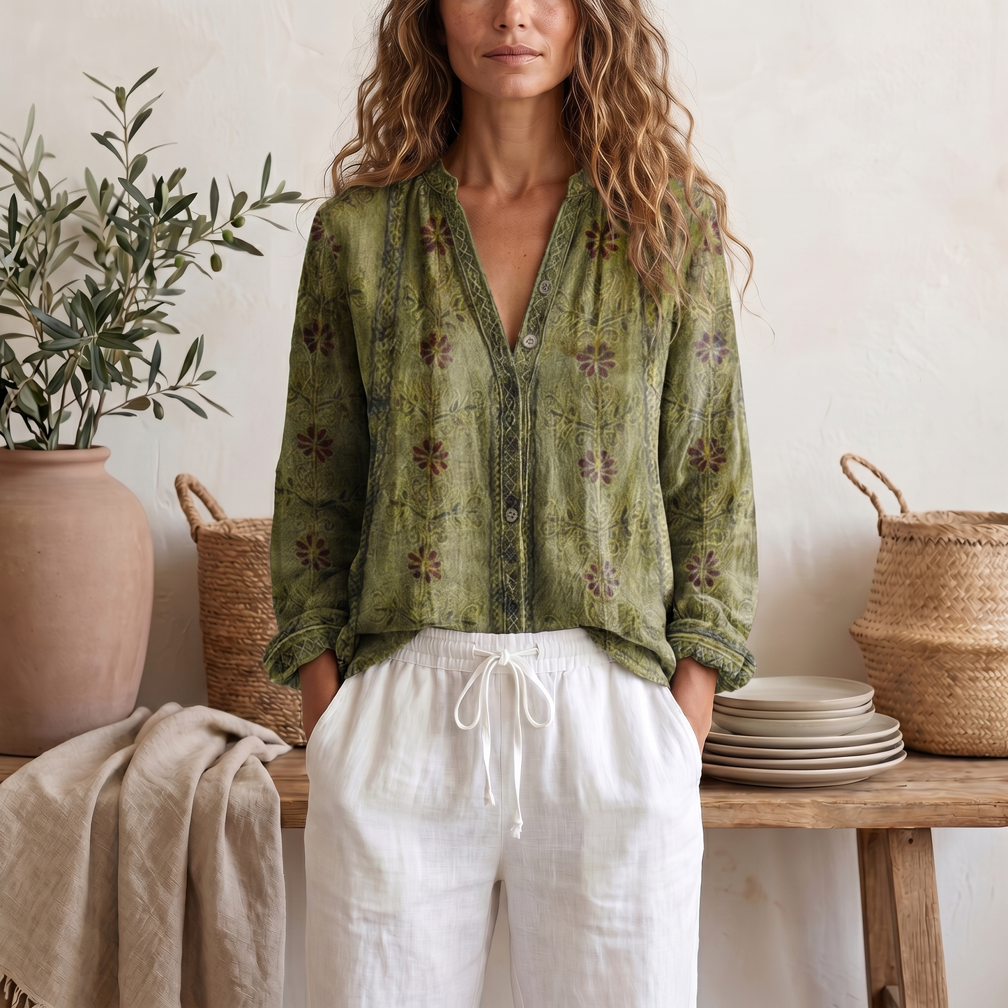 Blusa estiva da donna a maniche lunghe con stampa botanica e vestibilità morbida