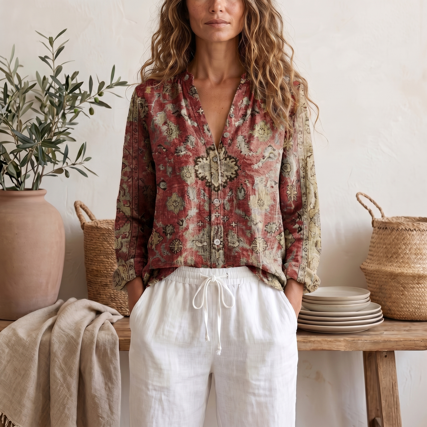 Blusa estiva da donna a maniche lunghe con stampa botanica e vestibilità morbida