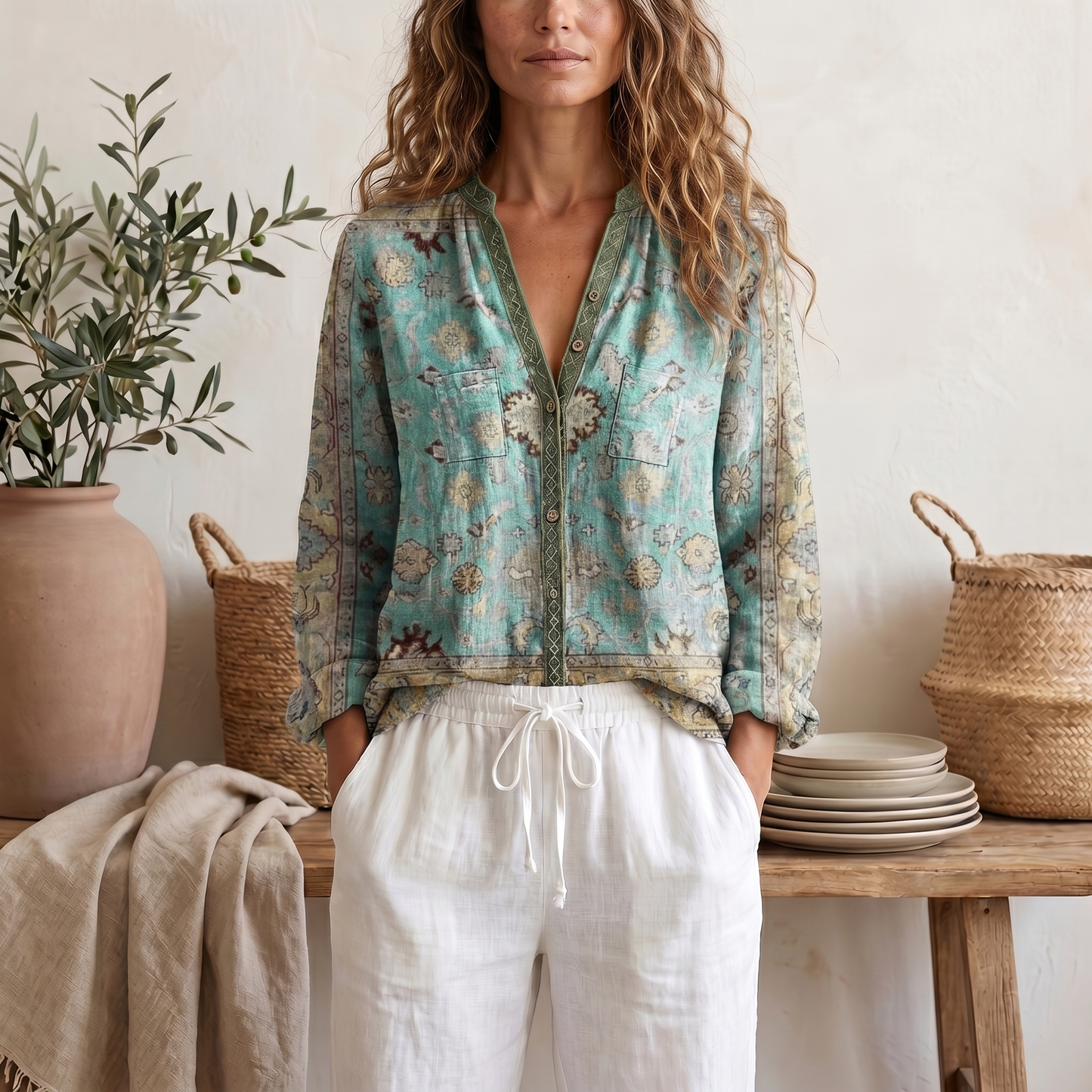 Blusa estiva da donna a maniche lunghe con stampa botanica e vestibilità morbida