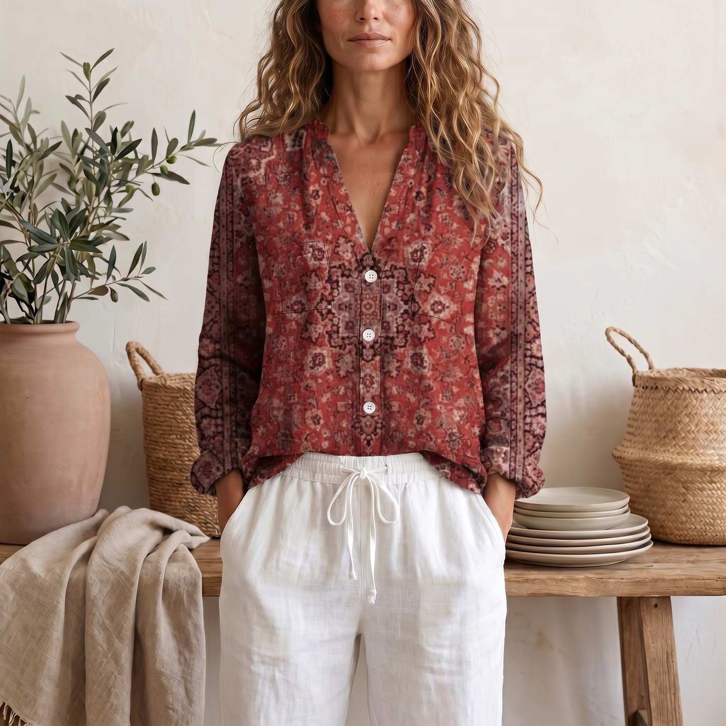 Blusa estiva da donna a maniche lunghe con stampa botanica e vestibilità morbida