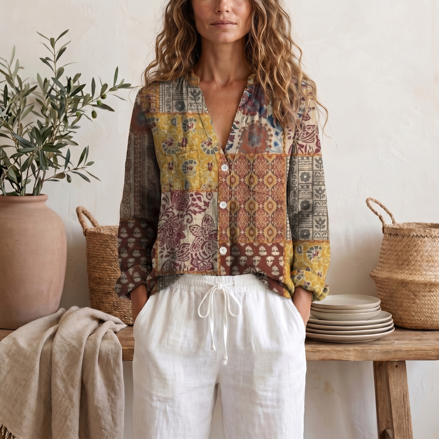 Blusa estiva da donna a maniche lunghe con stampa botanica e vestibilità morbida