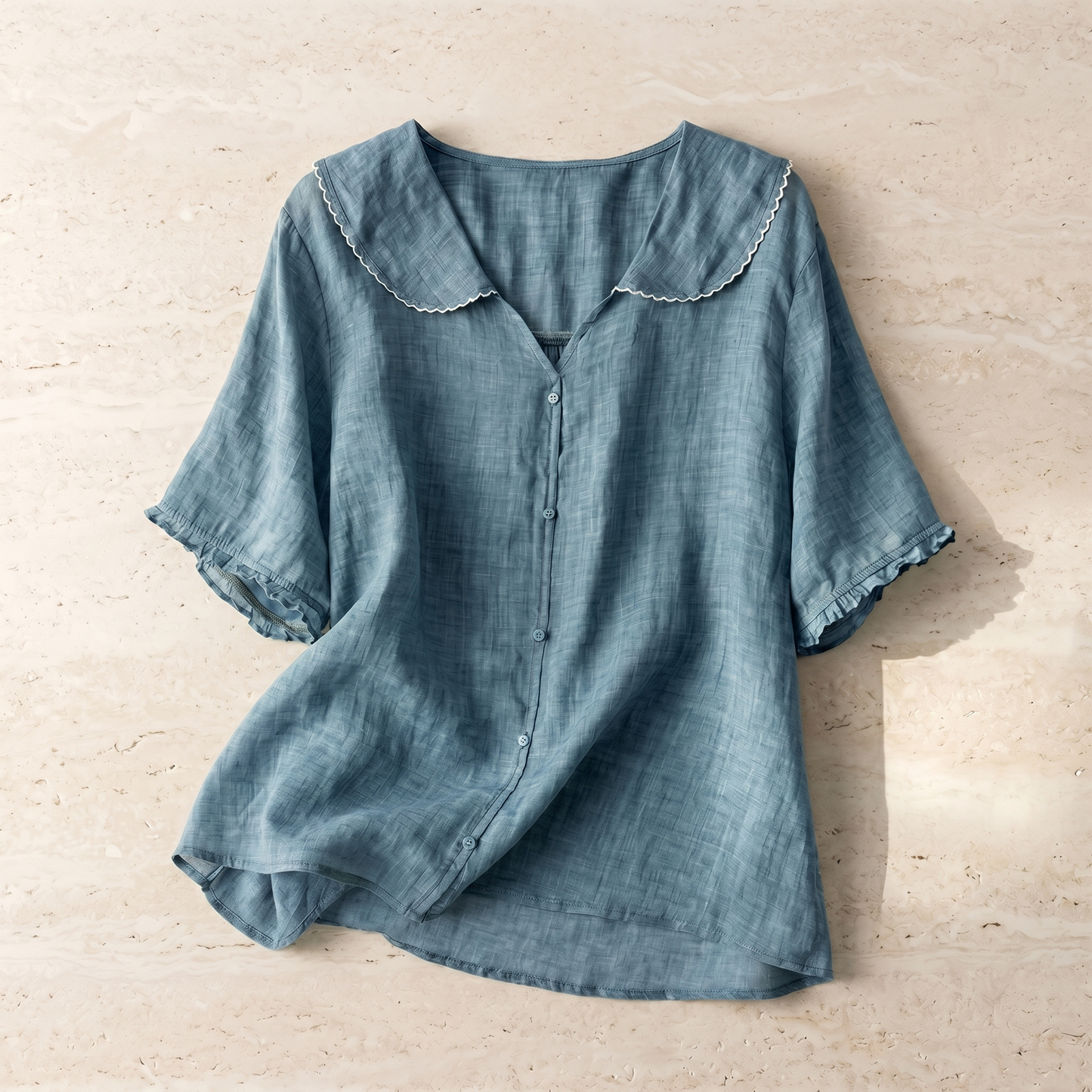 Blusa vintage da donna in cotone a vestibilità morbida con colletto rifinito a picot