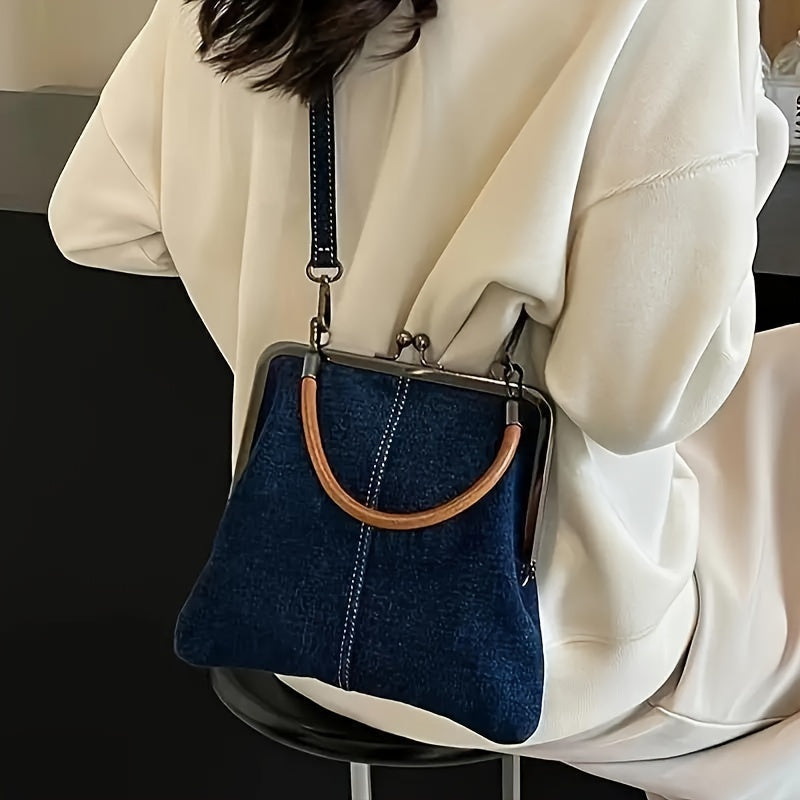 Borsa da donna in jeans blu con chiusura in metallo e manico arrotondato marrone