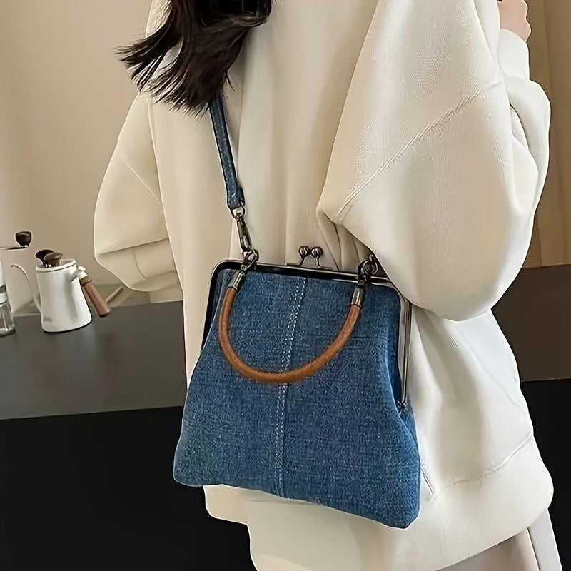 Borsa da donna in jeans blu con chiusura in metallo e manico arrotondato marrone