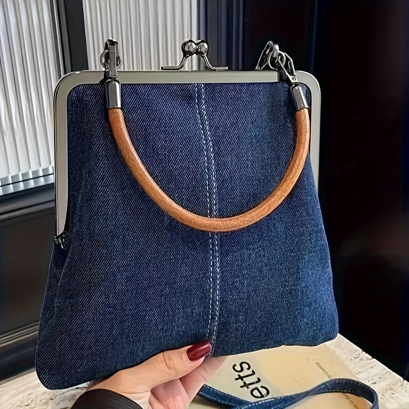 Borsa da donna in jeans blu con chiusura in metallo e manico arrotondato marrone