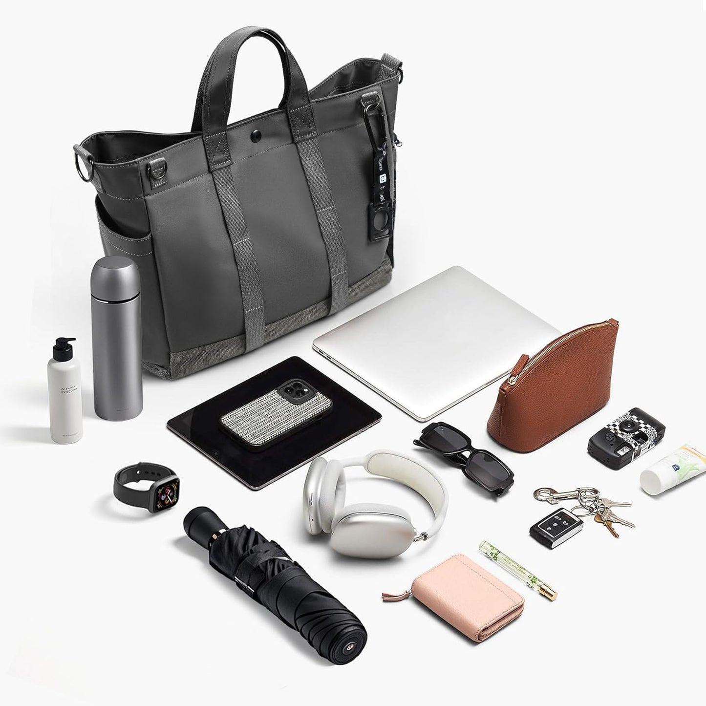Borsa tote porta computer unisex con scomparti multipli e tracolla regolabile