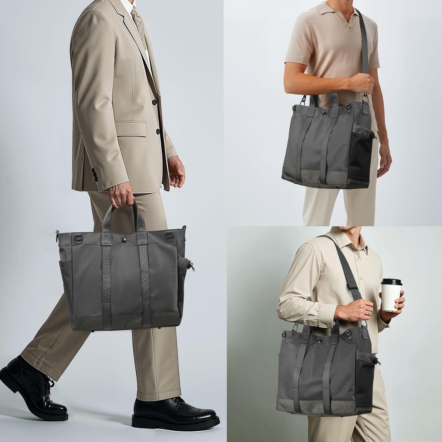 Borsa tote porta computer unisex con scomparti multipli e tracolla regolabile